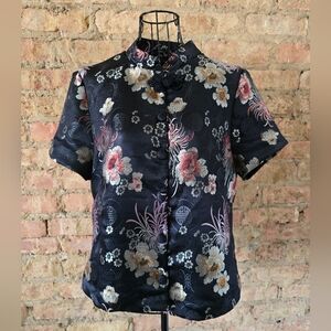 🎍 100% Silk Blouse - Black Floral